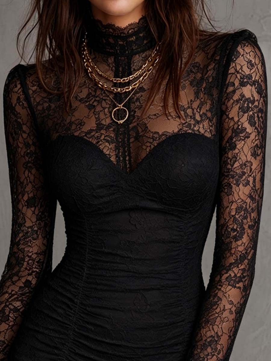 Stunning black bodycon mini dress for women, featuring elegant ruched detailing & delicate lace long sleeves. Perfect for evening events.