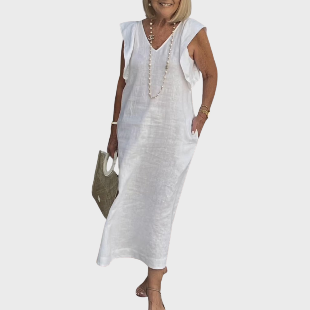 Elegant black ruffle shoulder V-neck sleeveless maxi dress for women with practical pockets, perfect for summer.