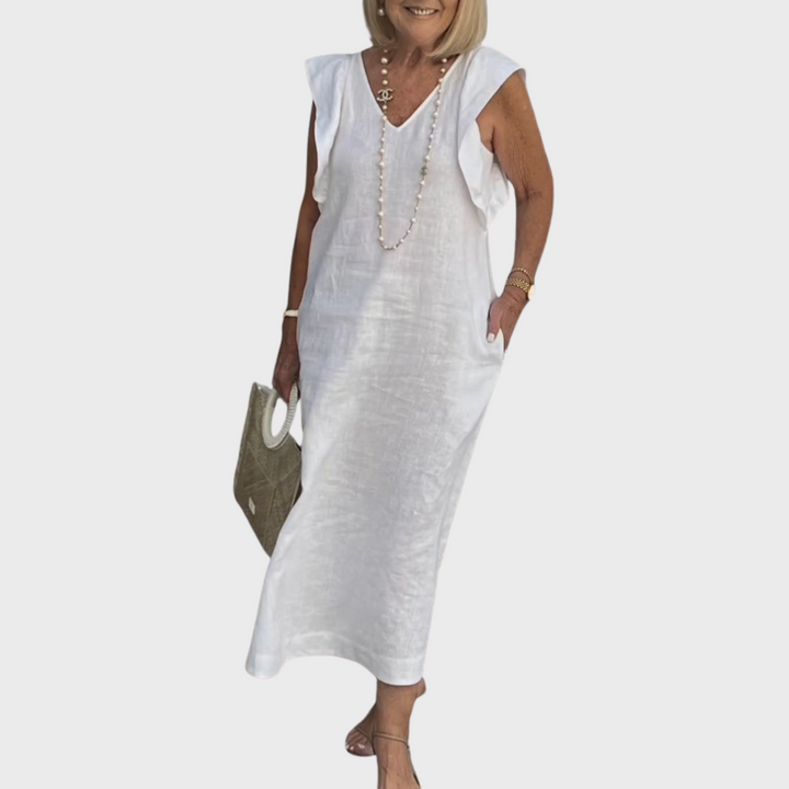 Elegant black ruffle shoulder V-neck sleeveless maxi dress for women with practical pockets, perfect for summer.