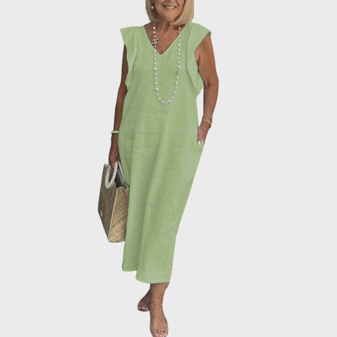 Summer essential: women's casual maxi dress with ruffle shoulders, V-neck, sleeveless design, and pockets.