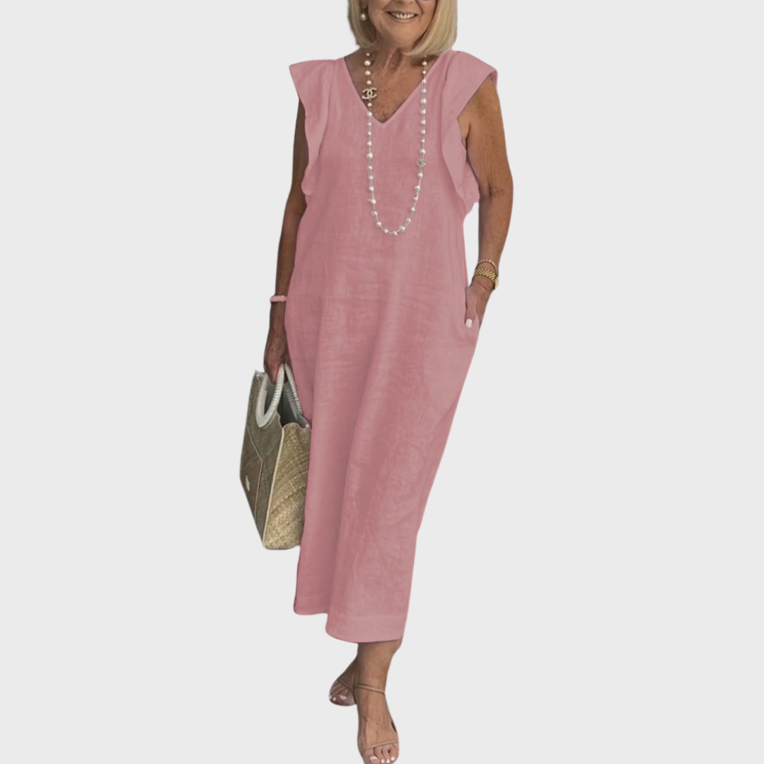 Stylish white ruffle shoulder V-neck maxi dress for women, a comfortable and elegant choice for any occasion.