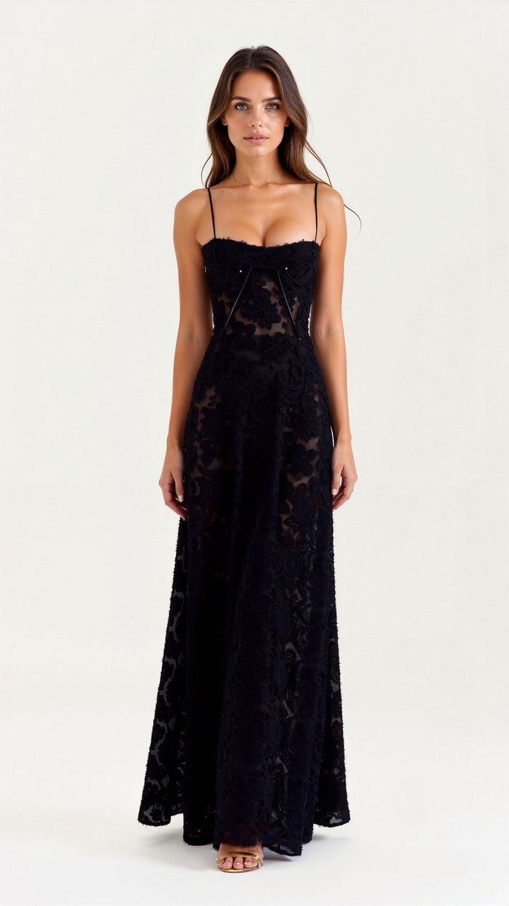 Elegant black strap maxi dress for women, perfect for formal events, parties, and wedding guests.