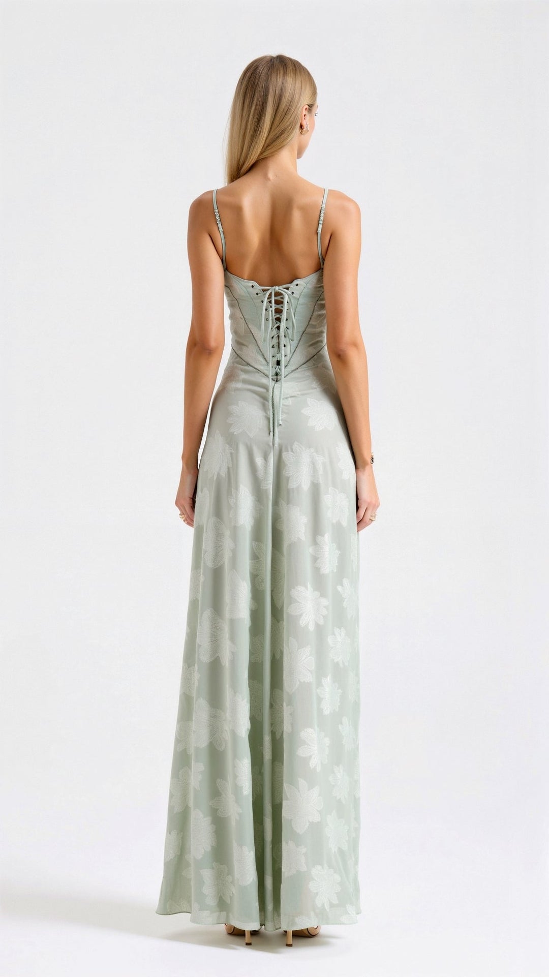 Green women's elegant strap maxi dress, a chic formal party or special occasion evening gown.
