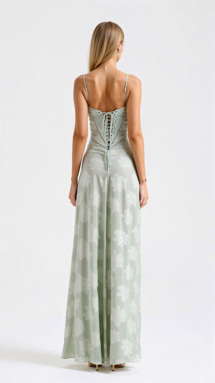 Green women's elegant strap maxi dress, a chic formal party or special occasion evening gown.