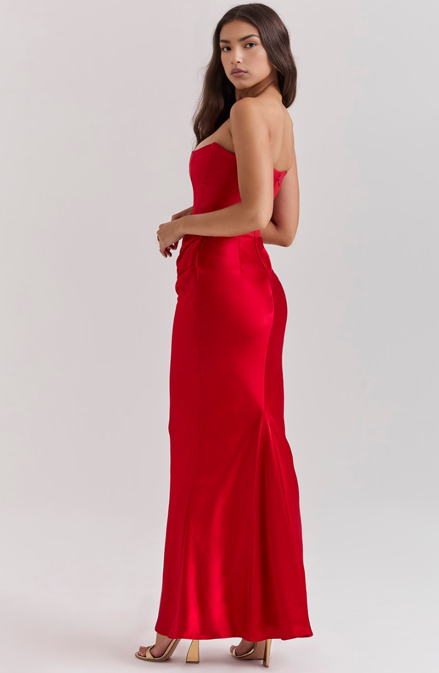 Wedding guest black strapless corset maxi dress. Elegant, formal, and fashionable.