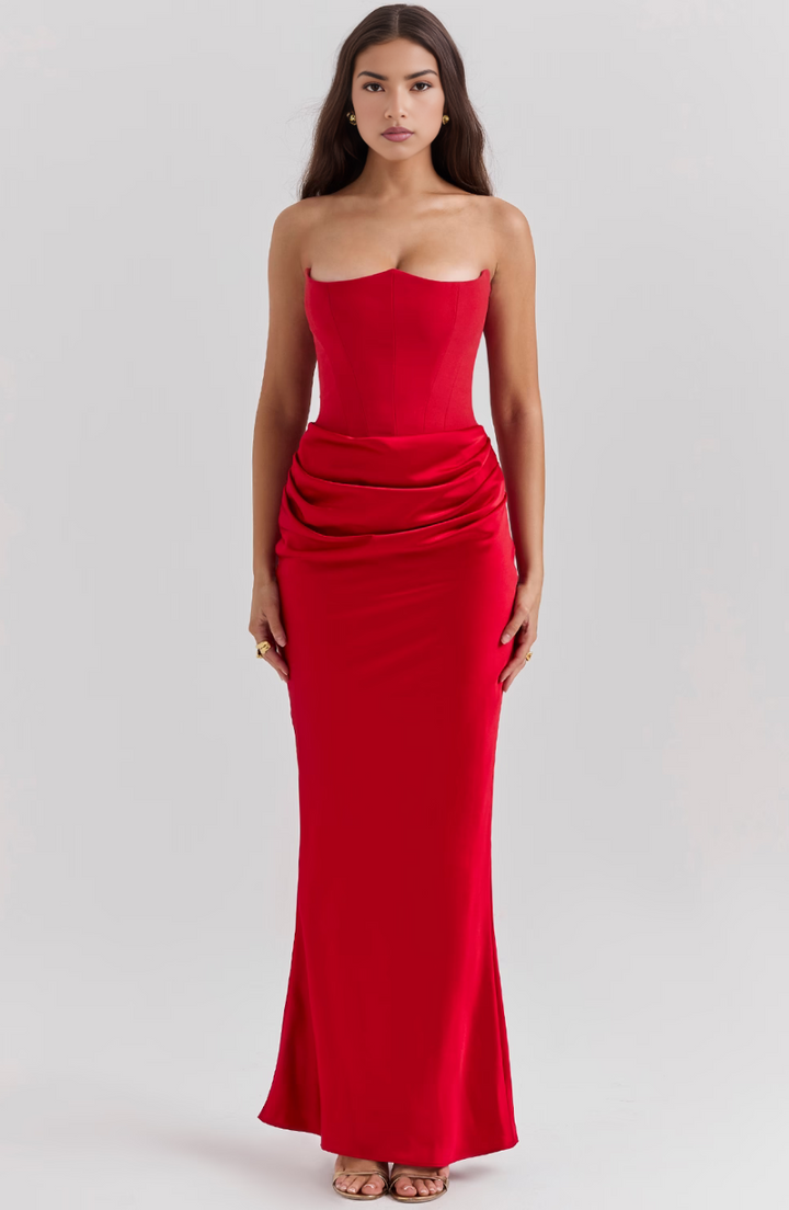 Long black strapless formal dress for women, featuring a flattering corset design.