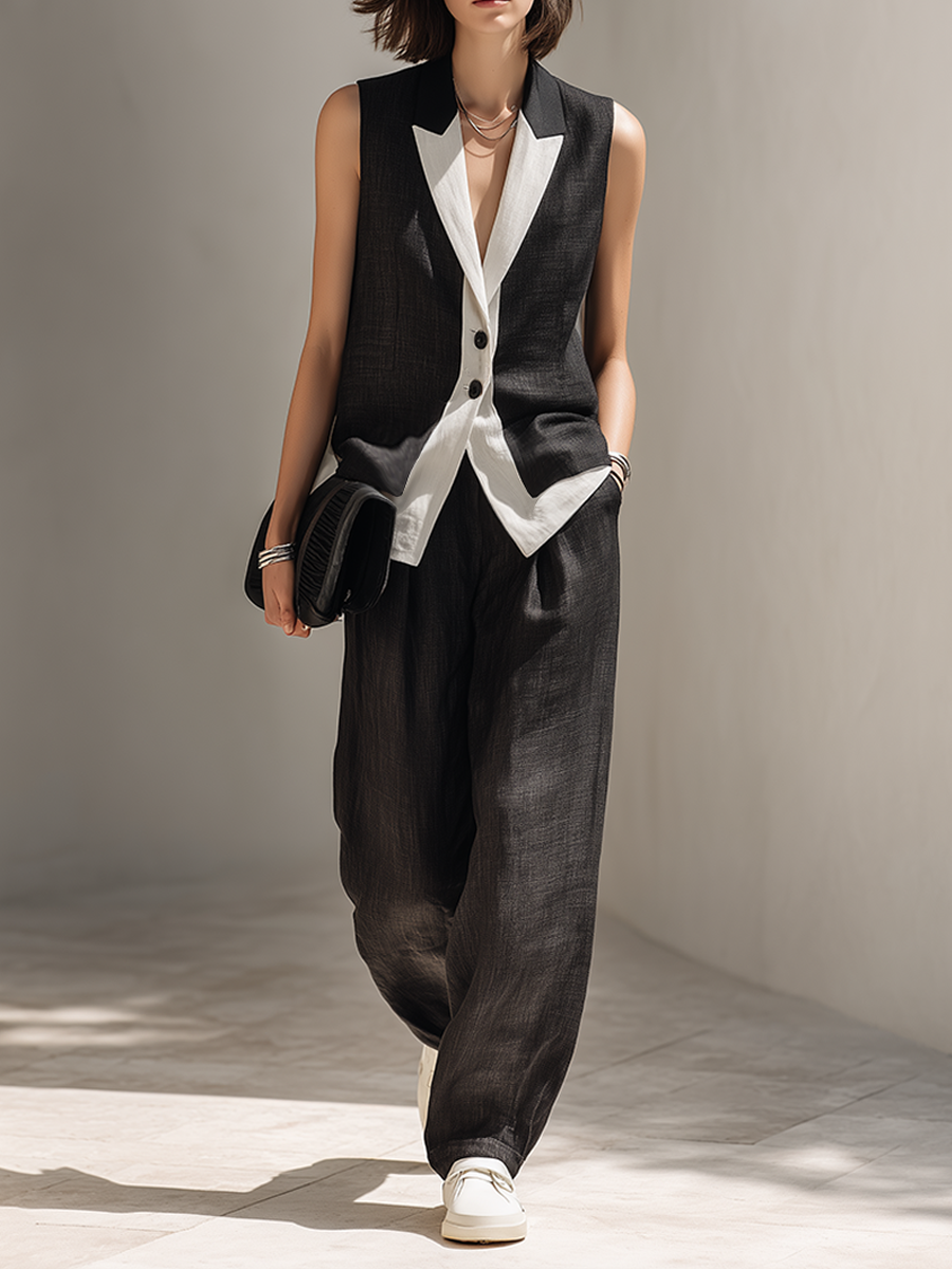 Elegant black two-piece set for women, featuring a stylish vest and chic wide-leg pants. Perfect for office or formal wear.
