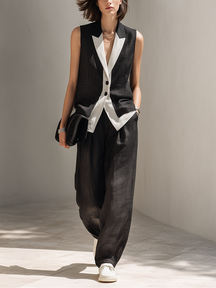 Stylish women's black two-piece matching set: a tailored vest top and elegant wide-leg trousers for a modern, chic look.