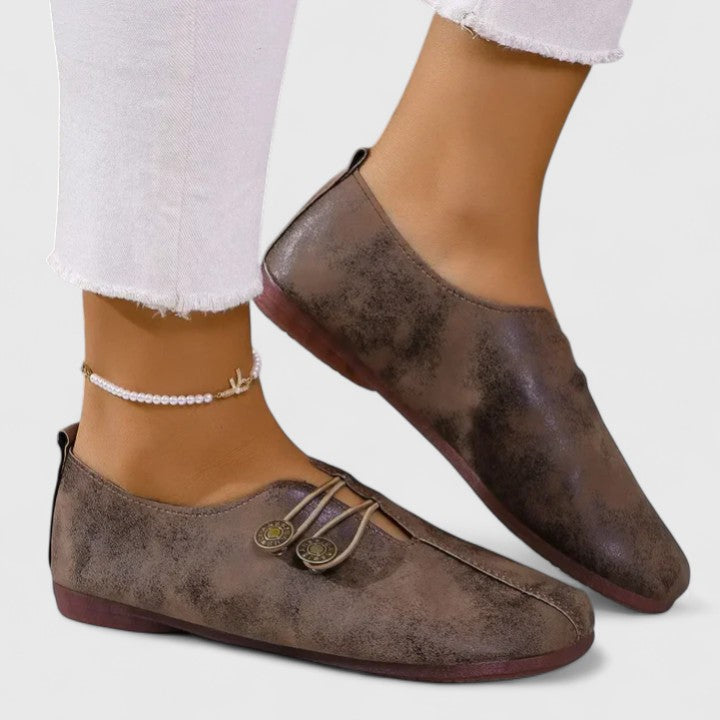 Elegant women's foldable loafers with elastic button, comfortable slip-on flats, ideal for travel & daily wear.