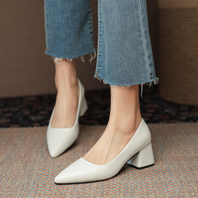 Professional non-slip women's block heels with a pointed toe, ideal for office & events.