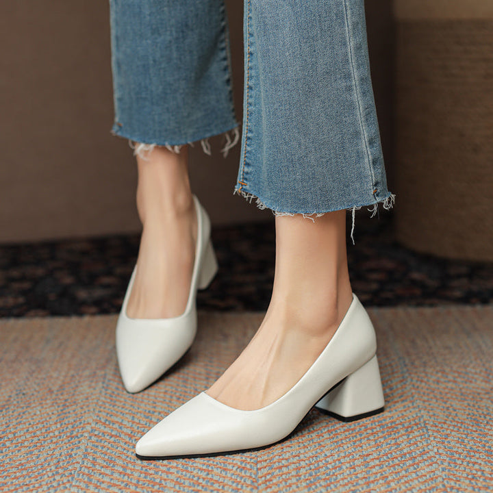 Professional non-slip women's block heels with a pointed toe, ideal for office & events.