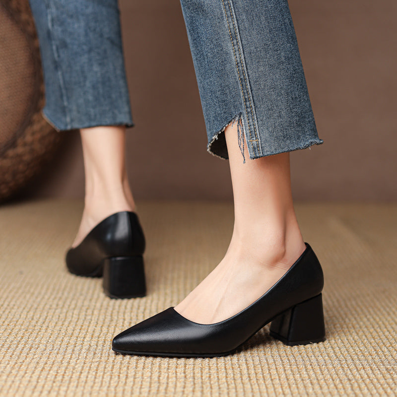 Versatile women's block heels, sleek pointed toe, non-slip design for all-day comfort.