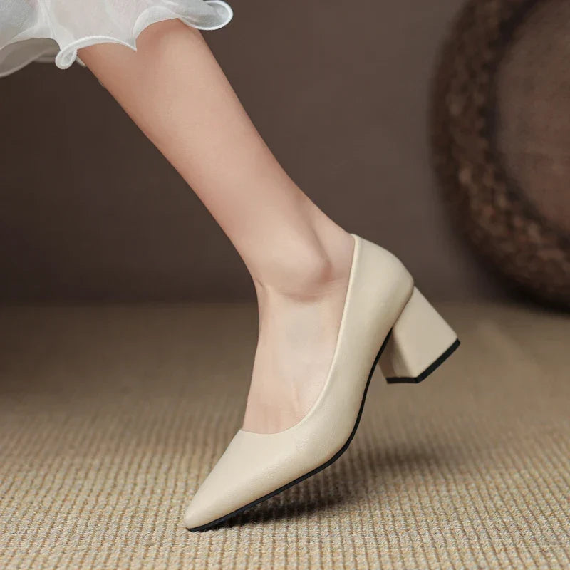 Detailed view of women's block heels, pointed toe, non-slip for safety and professional elegance.
