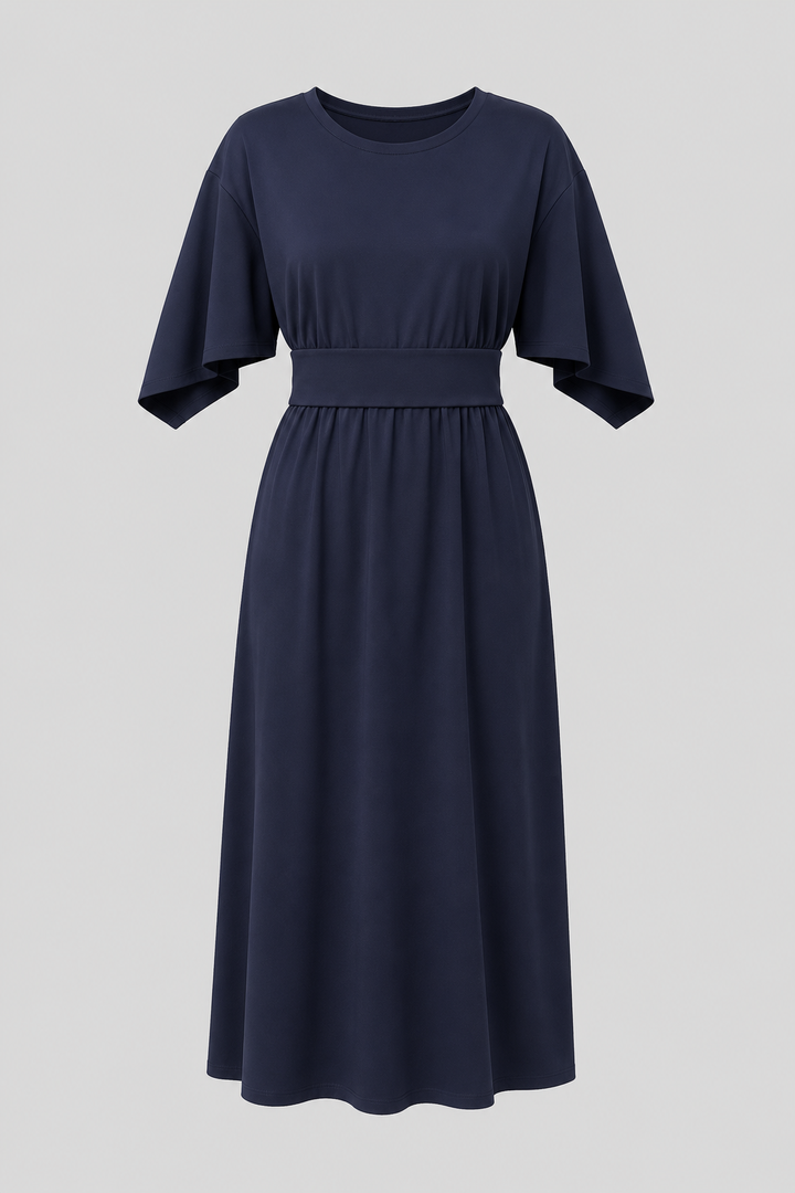 Casual chic midi dress for women, round neck & wide sleeves, perfect for day.