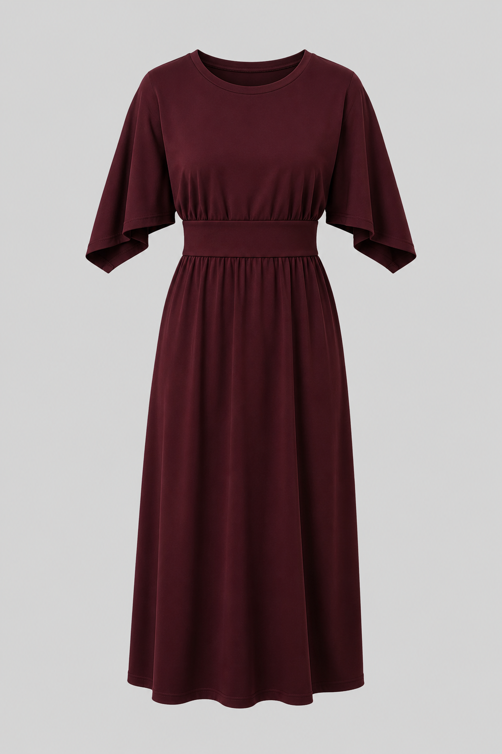 Versatile women's midi dress with wide sleeves, belt, suitable for casual or dressy.