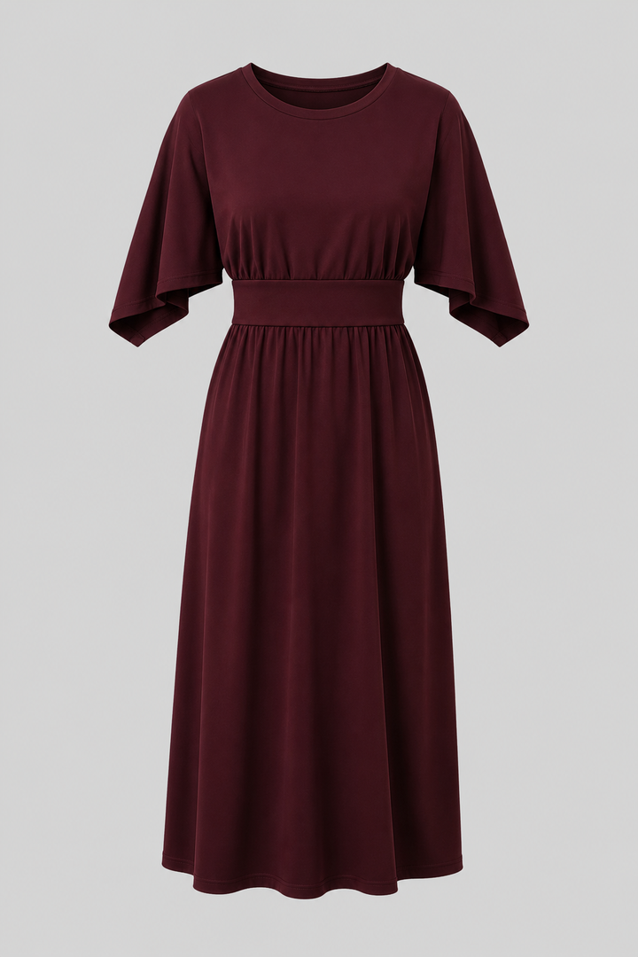 Versatile women's midi dress with wide sleeves, belt, suitable for casual or dressy.