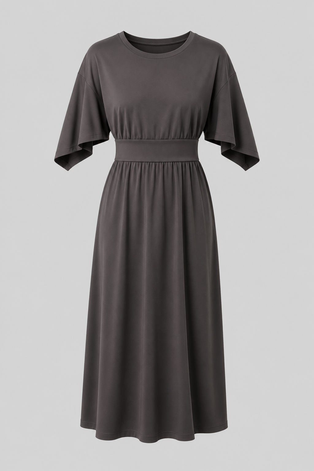 Classic black elegant midi dress, wide sleeves, waist belt for a polished look.