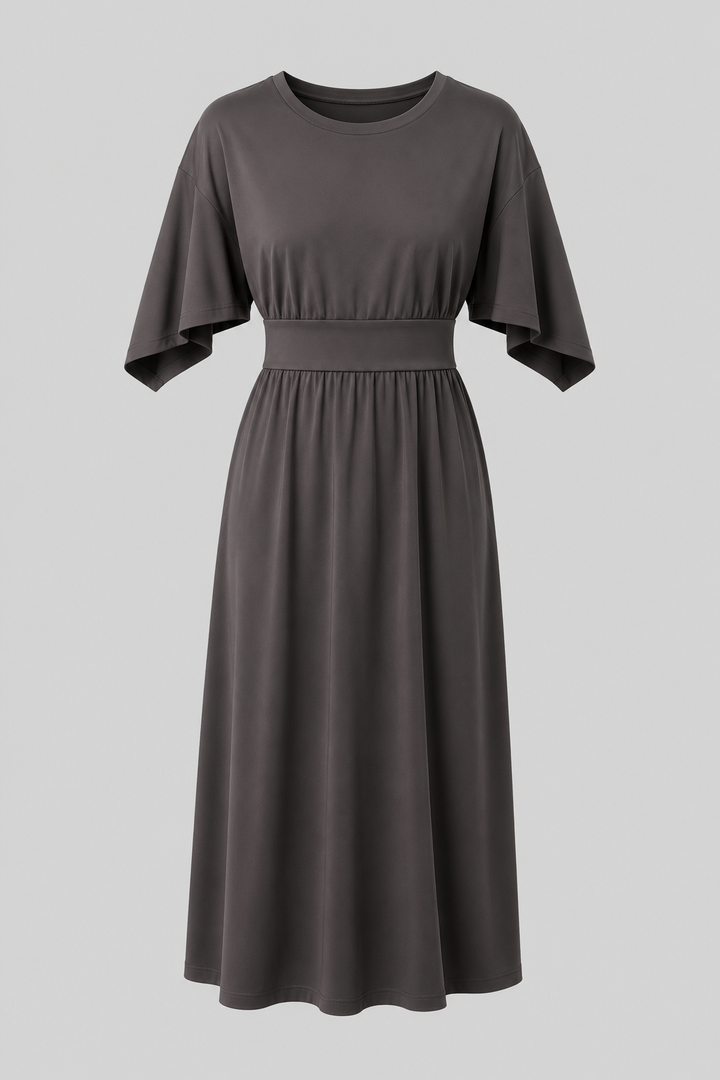 Classic black elegant midi dress, wide sleeves, waist belt for a polished look.