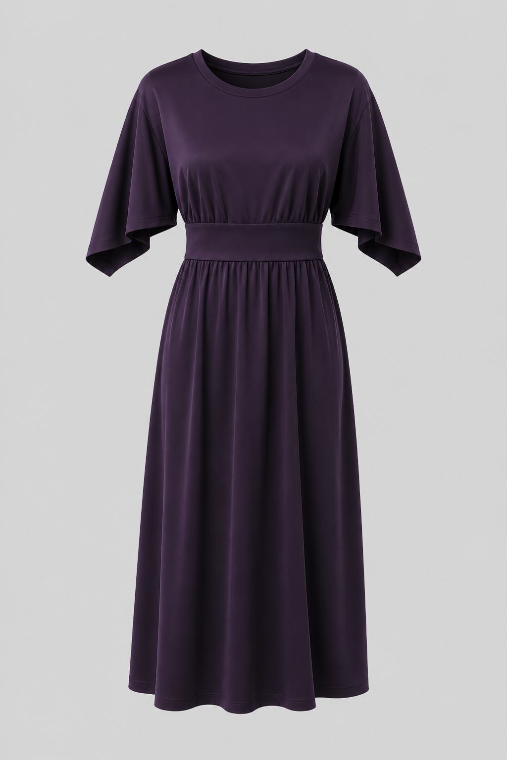 Sophisticated blue midi dress for women, round neck, wide sleeves & stylish waist belt.