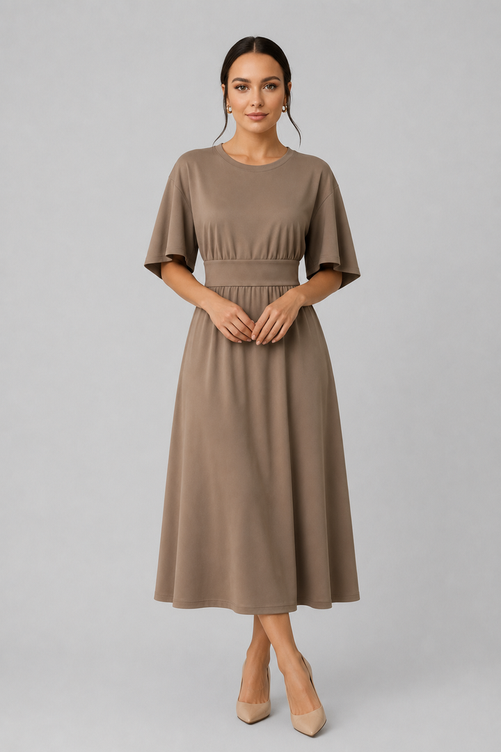Versatile beige midi dress with wide sleeves, round neck & belt.
