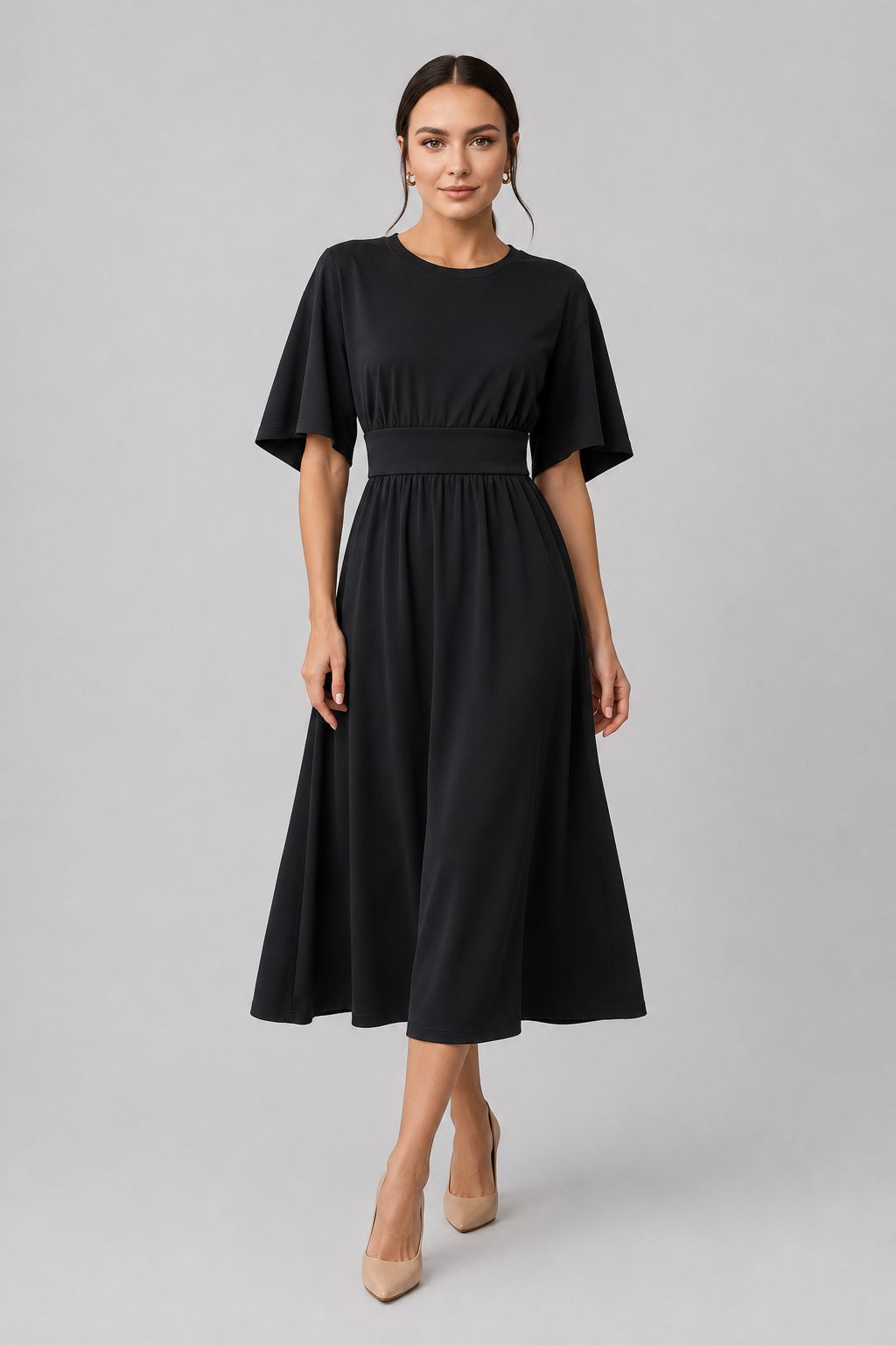 Chic black midi dress for women, wide sleeves, waist belt; perfect for evening.
