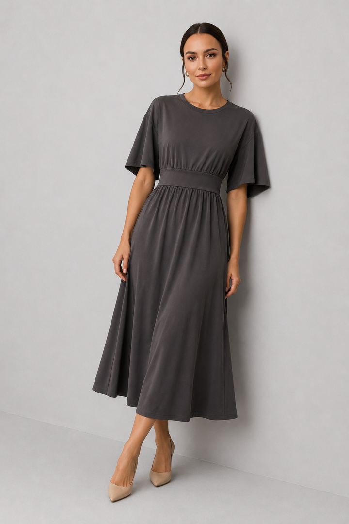Stylish grey women's midi dress with wide sleeves, round neck & cinching belt.