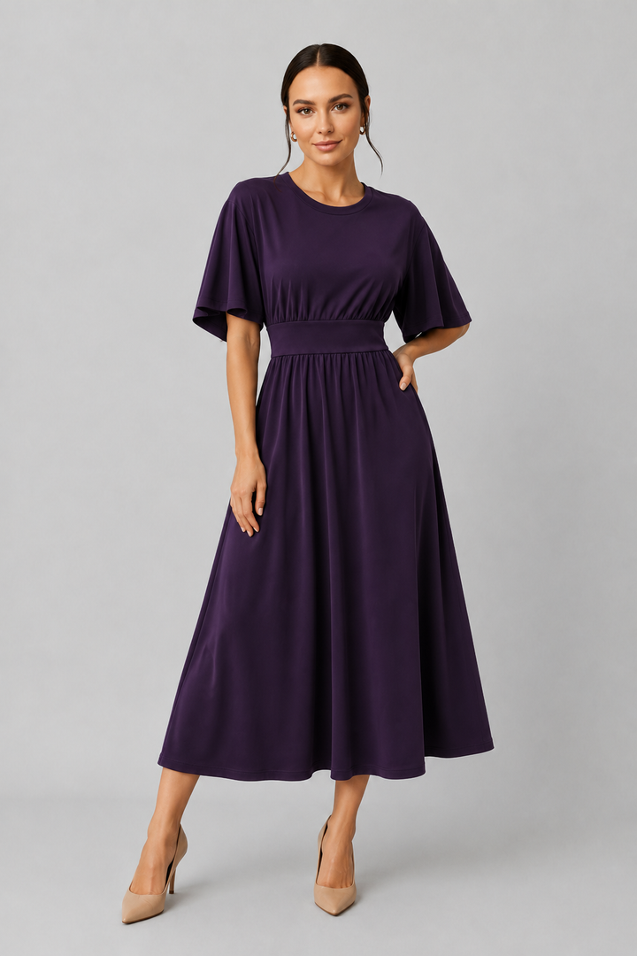 Elegant purple midi dress with wide sleeves & waist belt, ideal for summer.