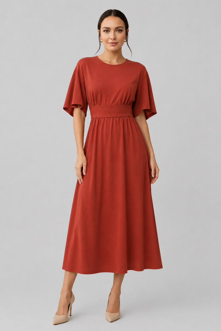Sophisticated brown midi dress for women, wide sleeves & waist belt.