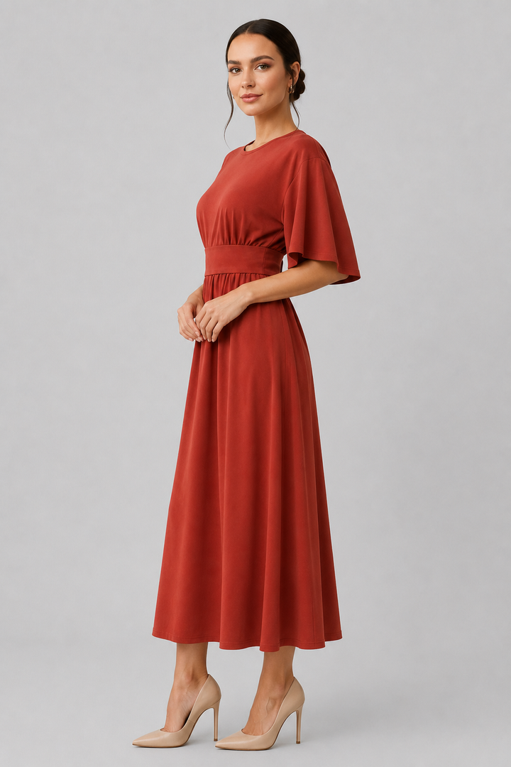 Elegant women's midi dress featuring wide sleeves & a stylish waist belt.
