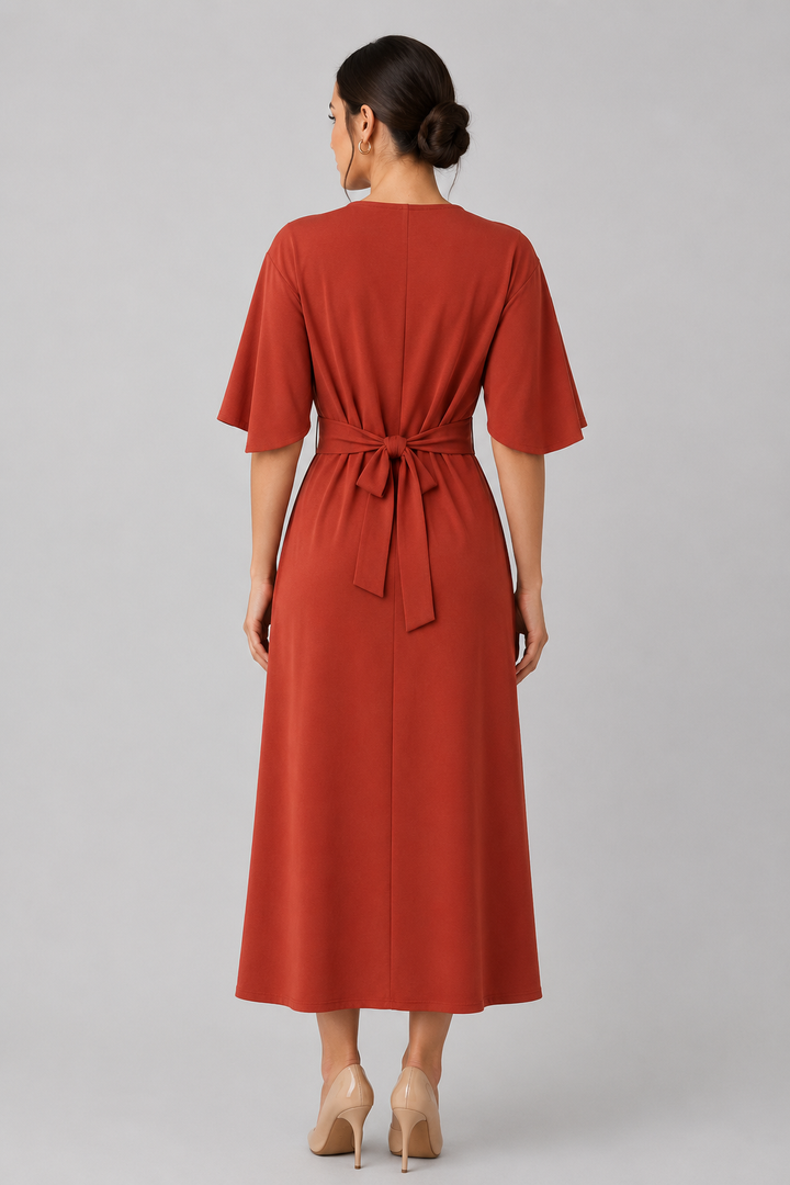 Versatile women's midi dress with a flattering waist belt & round neck.