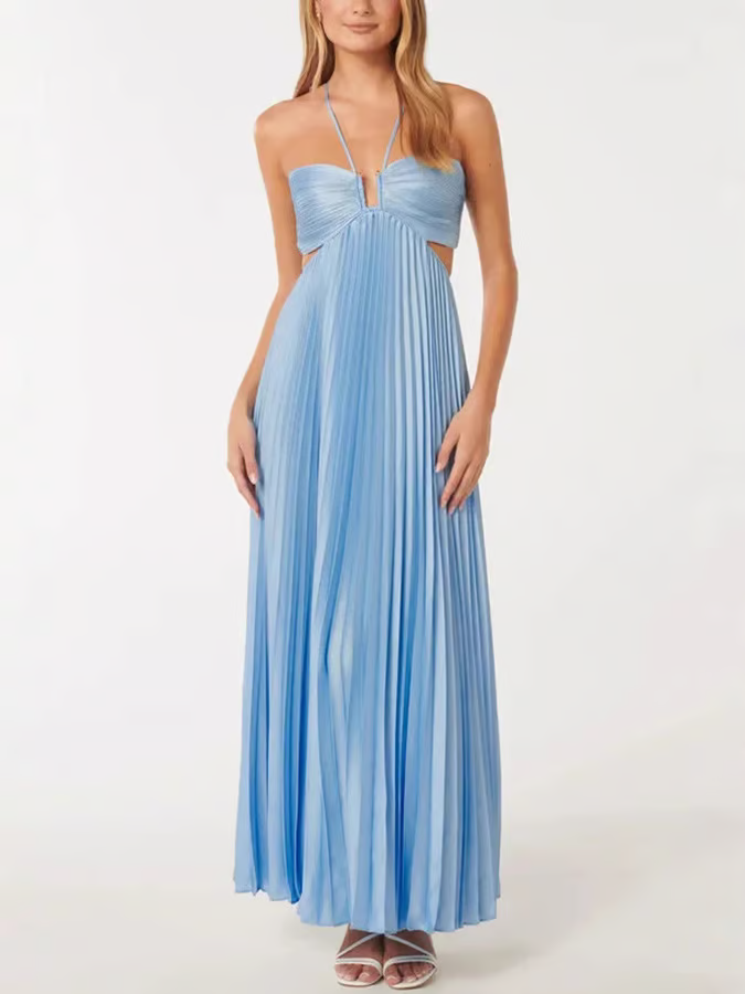 Formal blue evening gown, a sophisticated pleated cutout maxi dress for wedding guests.