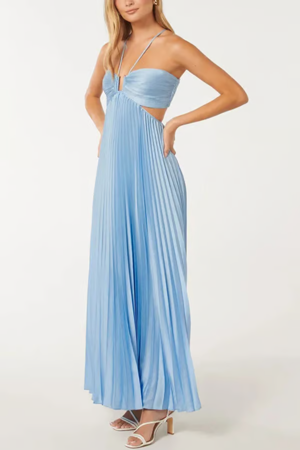 Flowing blue pleated maxi dress with trendy cutout & delicate straps, ideal for elegant events.