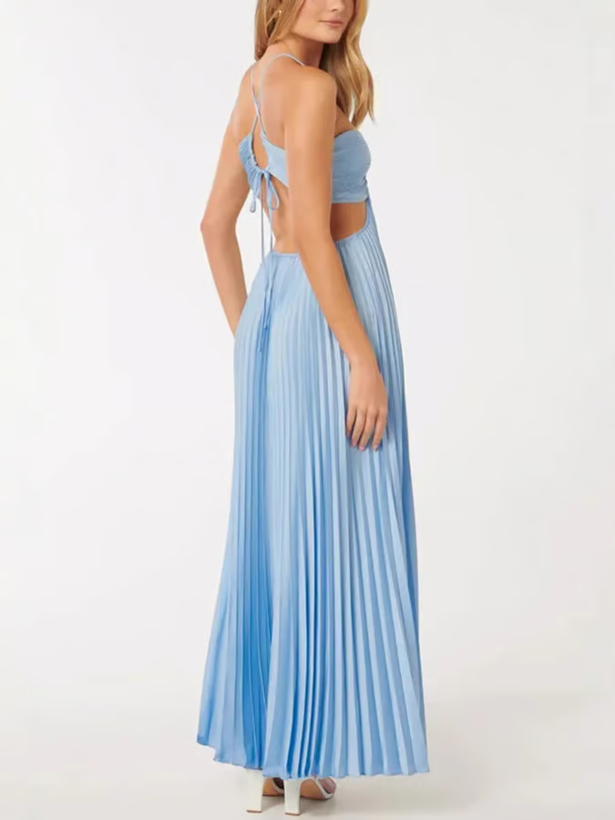 Luxurious blue pleated maxi wedding guest dress, an elegant cutout formal occasion wear.