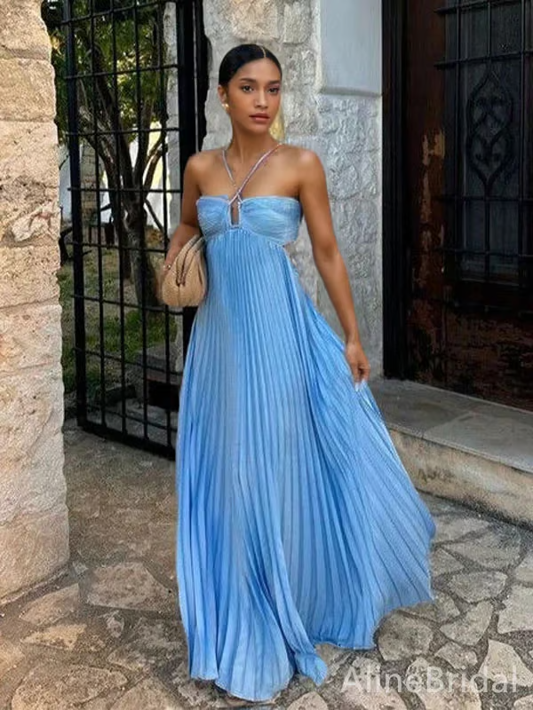 Flattering blue pleated cutout maxi dress, elegant formal occasion wear for wedding guests.