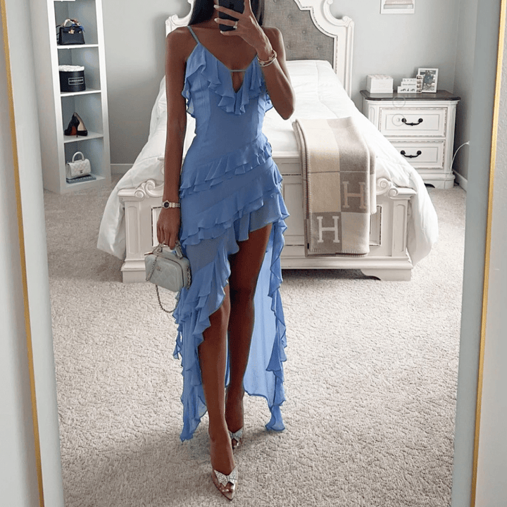 Elegant blue women's asymmetrical ruffle V-neck maxi dress, perfect for special occasions or parties.