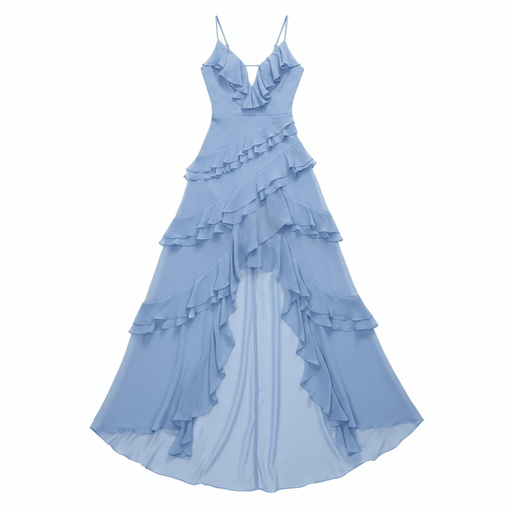 Sleeveless asymmetric ruffle V-neck maxi dress for women, featuring a flowing silhouette. Ideal party dress.