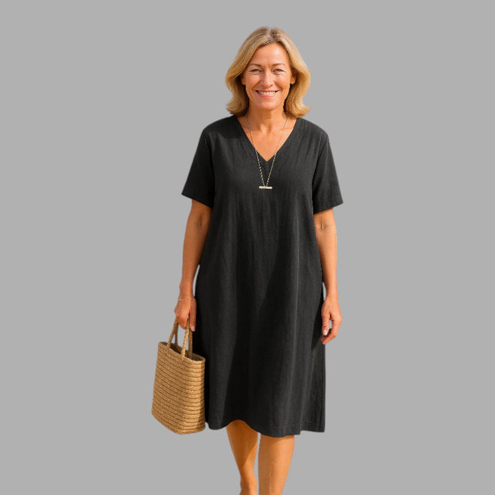 Effortless khaki midi dress for women, combining comfort, refined style, and a flattering fit for daily wear.