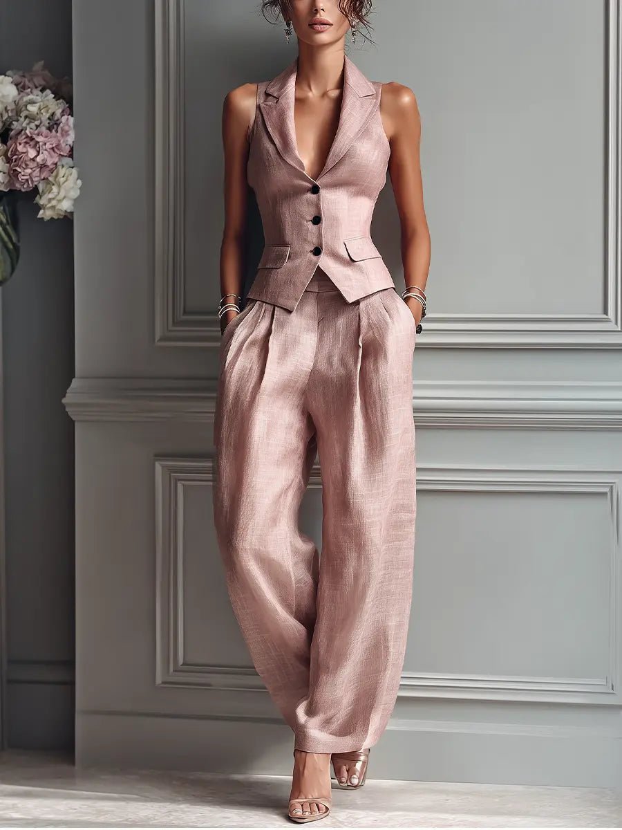 Elegant blush pink women's two-piece set: tailored vest & wide-leg pants. Perfect for spring/summer occasion wear.