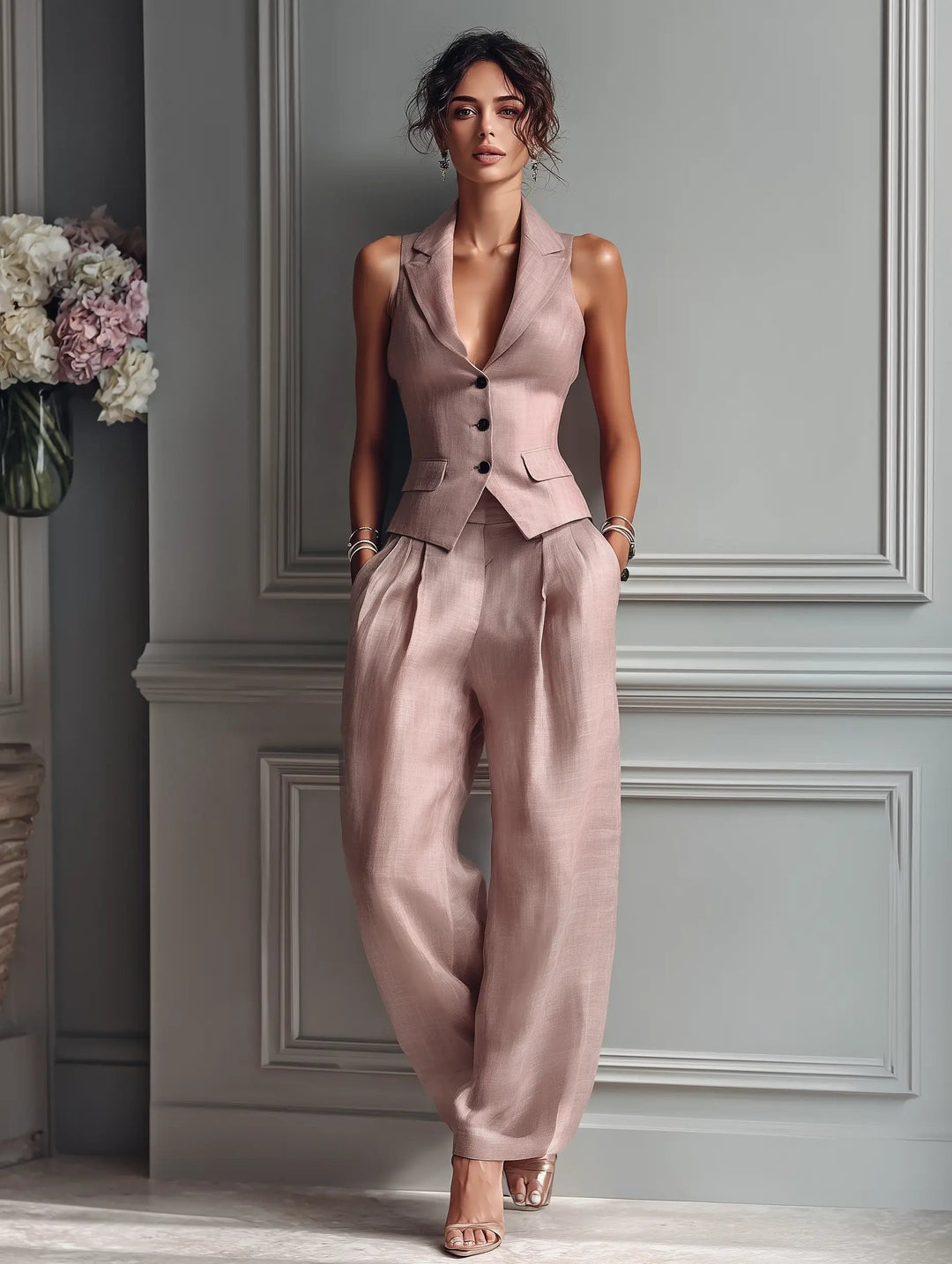 Formal blush pink women's two-piece set. Tailored vest & flowing wide-leg pants create an elegant spring/summer look.