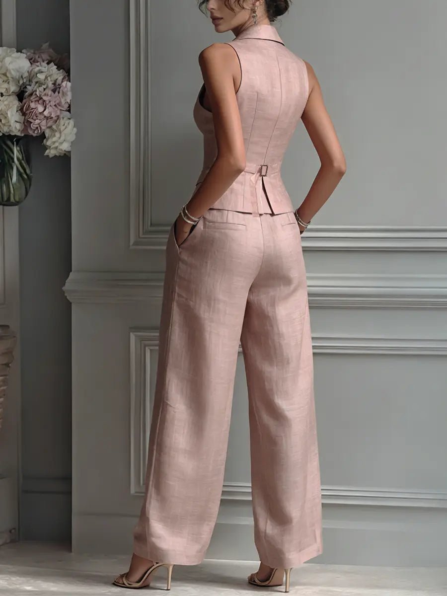 Women's elegant blush pink vest & wide-leg pants set. A versatile two-piece outfit for business casual or occasion wear.