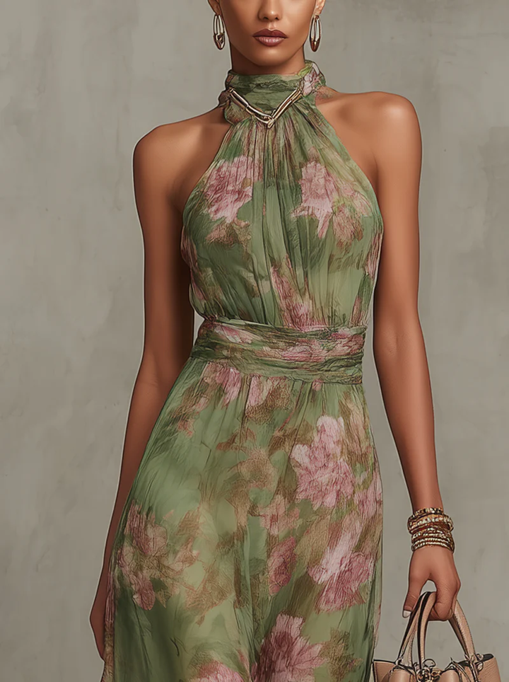 Flowing green boho maxi dress for women, elegant and comfortable, ideal for wedding guests & summer events.