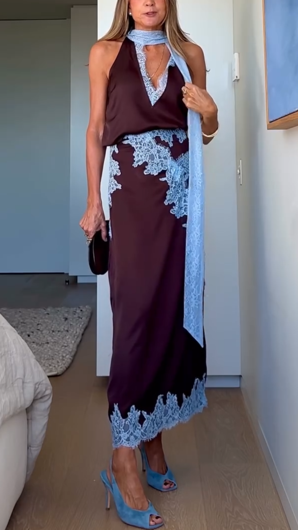 Elegant brown tie-dye halter maxi dress with stylish side slit for women, perfect for summer. (80 characters)