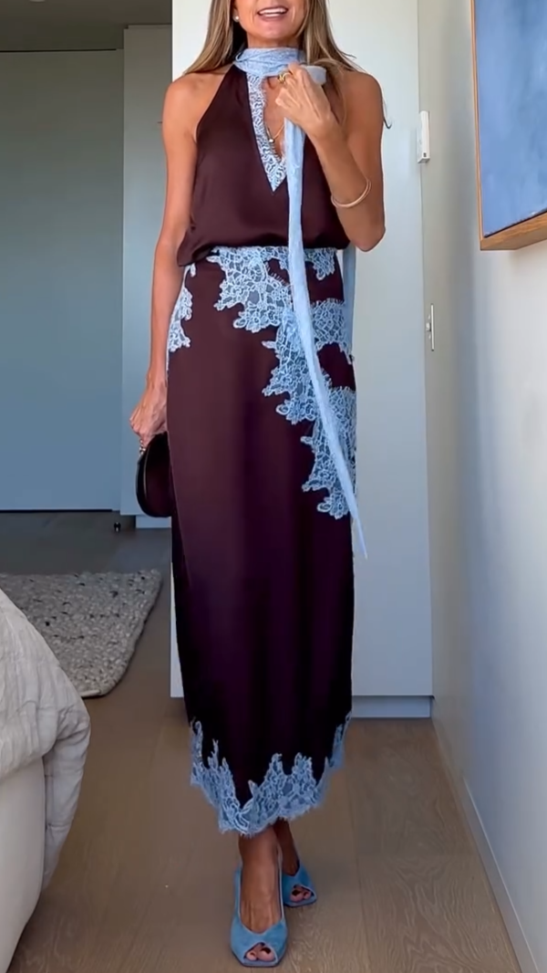 Flowing women's brown tie-dye halter maxi dress with side slit, ideal for summer vacation or beachwear. (115 characters)