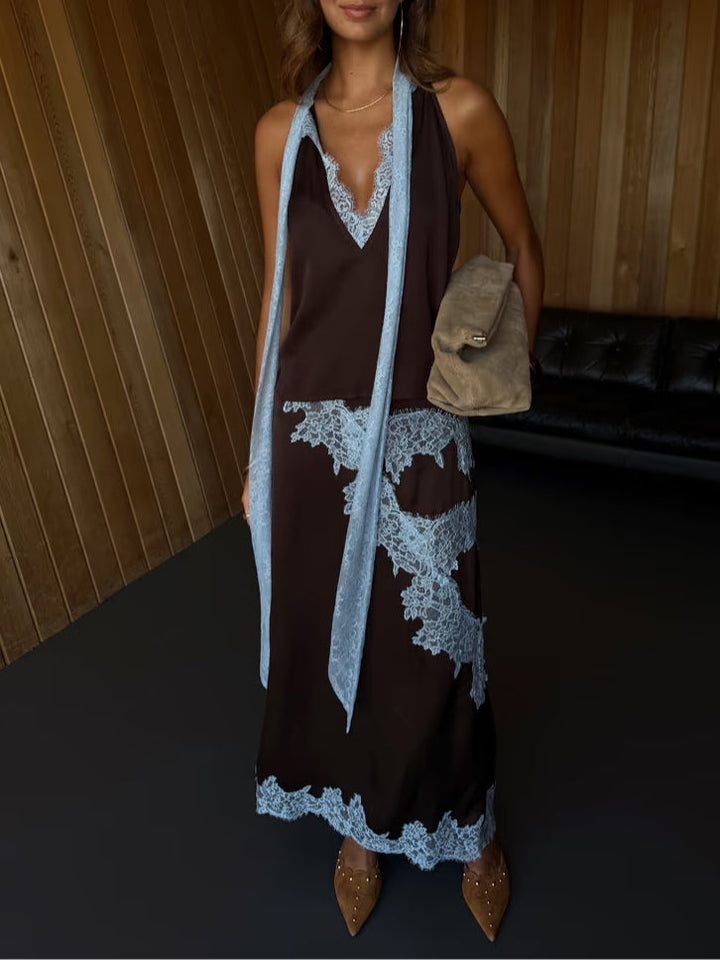 Bohemian brown tie-dye halter maxi dress for women, elegant and flowing with a chic side slit. (107 characters)