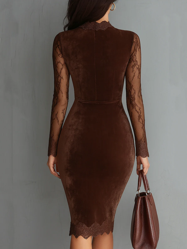Women's fitted bodycon mini cocktail dress featuring elegant lace long sleeves, perfect for parties & special occasions.