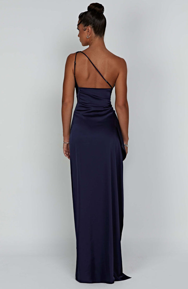 Black one-shoulder ruched maxi dress, classic women's formal attire for special events.