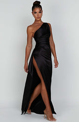 Navy blue ruched one-shoulder maxi dress, sophisticated wedding guest or evening gown.