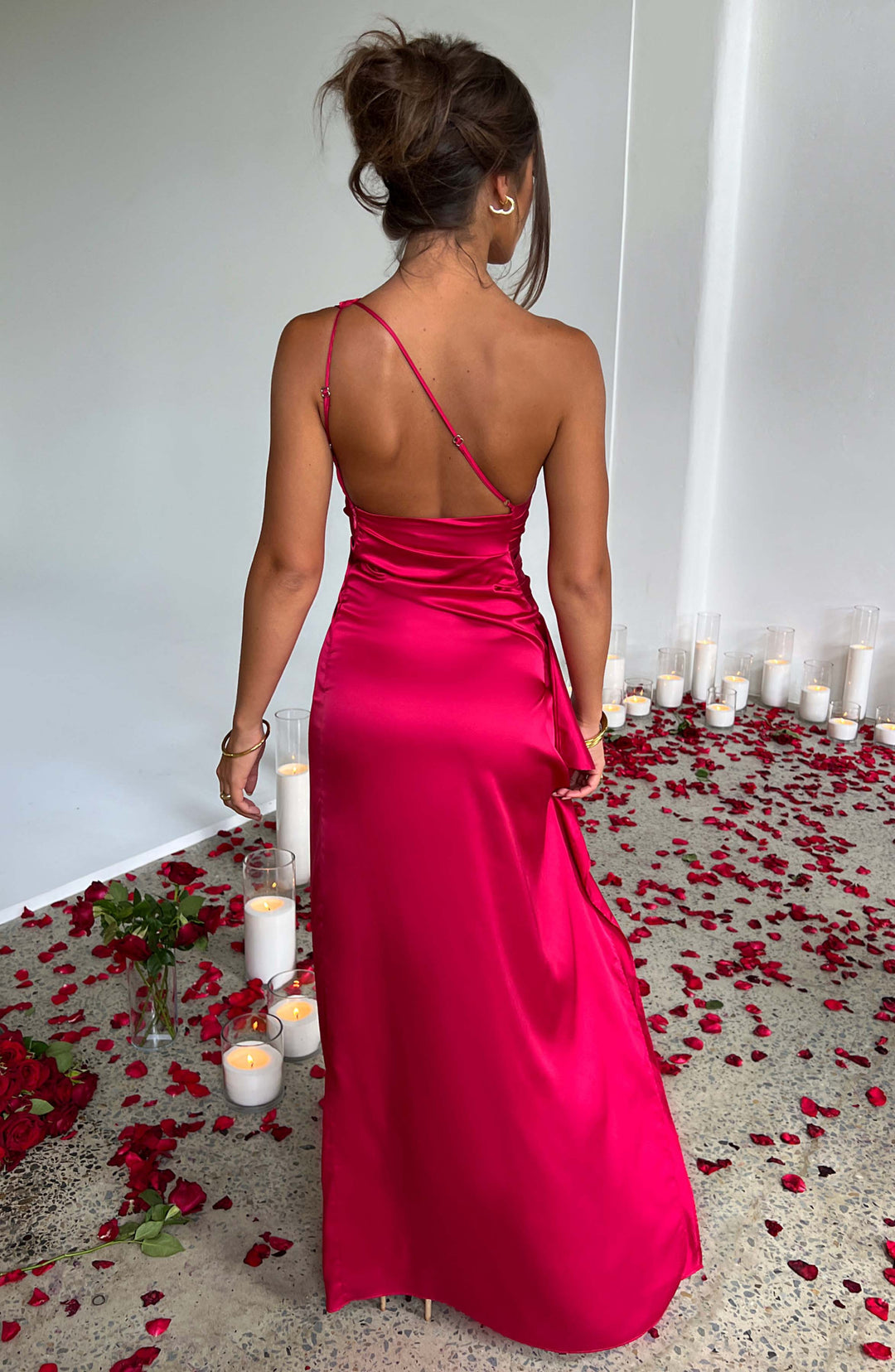 Women's long ruched one-shoulder dress, ideal for weddings, parties, and formal special occasions.