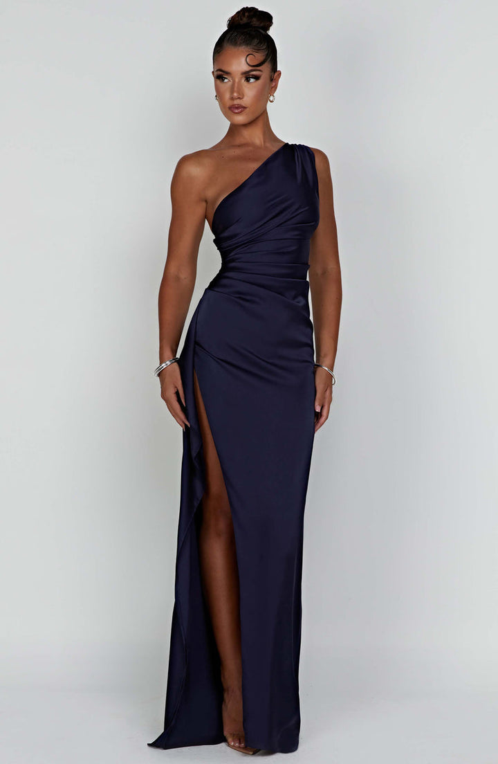 Chic ruched one-shoulder formal maxi dress, a stunning choice for any evening event or gown.