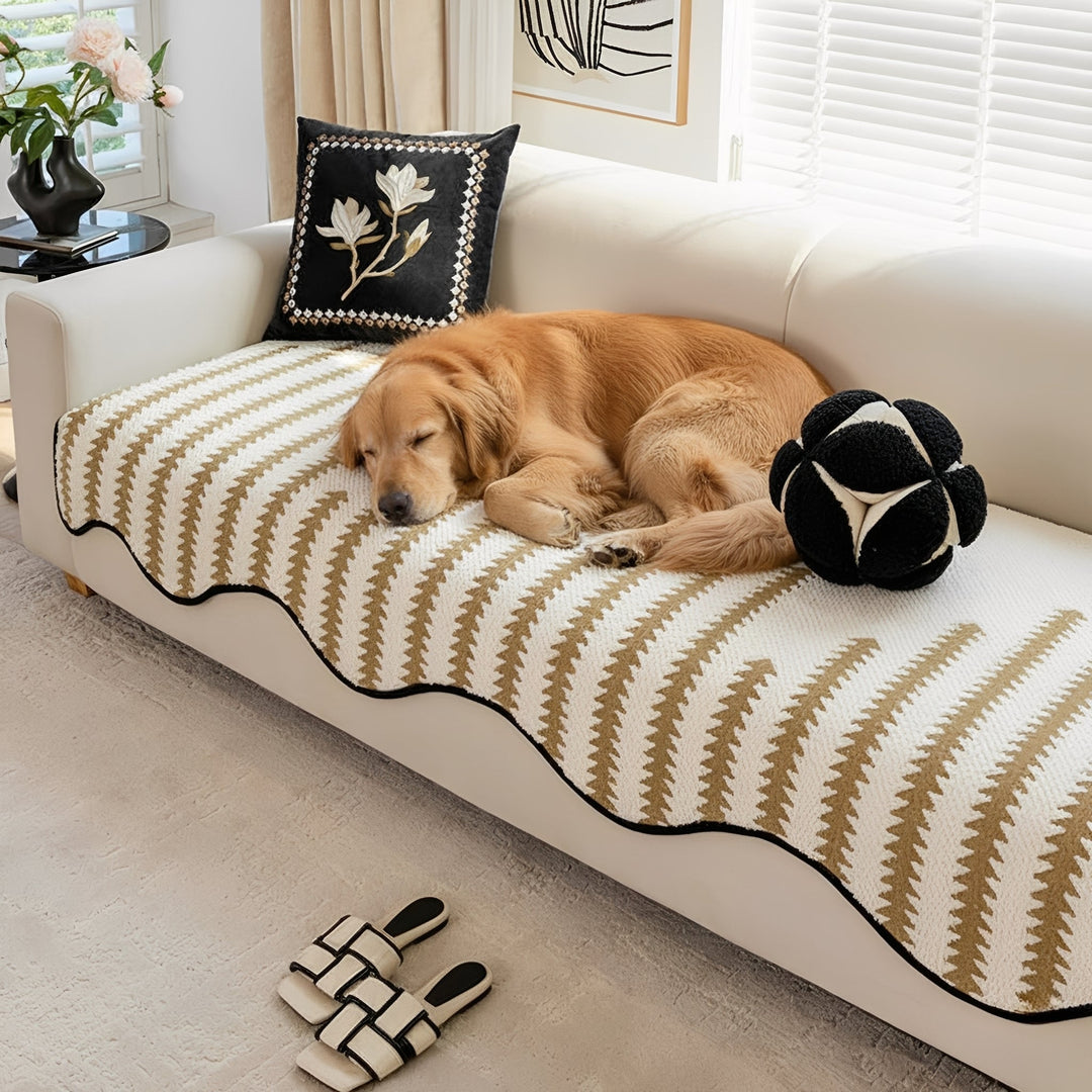 Washable chenille couch cover with chevron pattern, durable sofa protector for pets